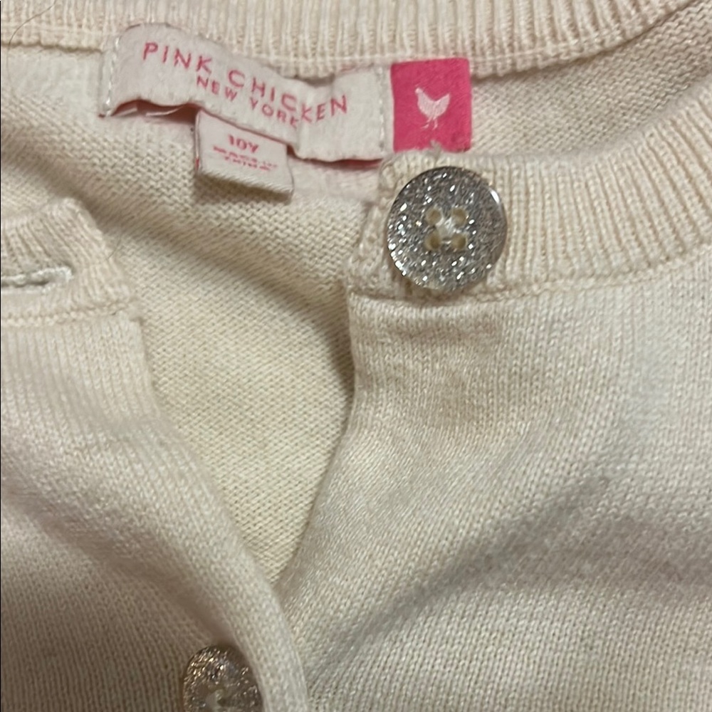 Pink Chicken Cream Cardigan with Navy Heart Pattern - Picture 3 of 4